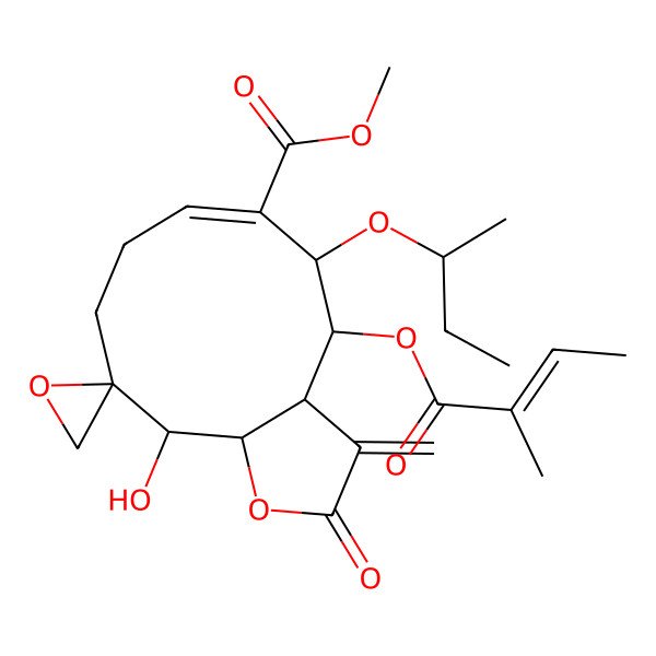2D Structure of methyl (3aS,4S,5S,6E,10R,11R,11aS)-5-[(2S)-butan-2-yl]oxy-11-hydroxy-4-[(Z)-2-methylbut-2-enoyl]oxy-3-methylidene-2-oxospiro[4,5,8,9,11,11a-hexahydro-3aH-cyclodeca[b]furan-10,2'-oxirane]-6-carboxylate