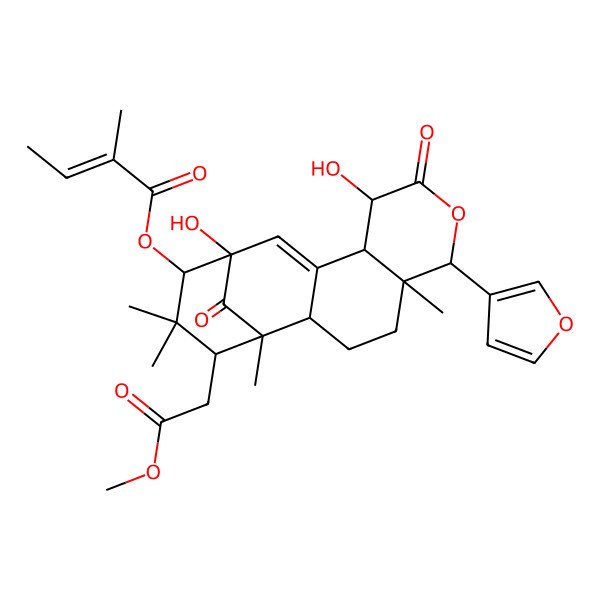 2D Structure of [(1R,2S,5R,6R,9R,10S,13R,14S,16S)-6-(furan-3-yl)-9,13-dihydroxy-16-(2-methoxy-2-oxoethyl)-1,5,15,15-tetramethyl-8,17-dioxo-7-oxatetracyclo[11.3.1.02,11.05,10]heptadec-11-en-14-yl] (E)-2-methylbut-2-enoate