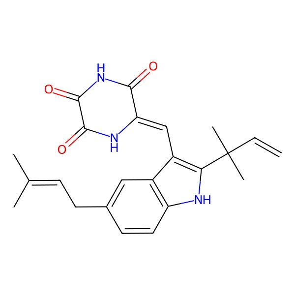 2D Structure of (6Z)-6-[[2-(2-methylbut-3-en-2-yl)-5-(3-methylbut-2-enyl)-1H-indol-3-yl]methylidene]piperazine-2,3,5-trione