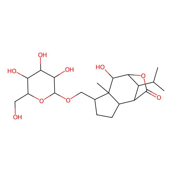 2D Structure of 7-Hydroxy-6-methyl-11-propan-2-yl-5-[[3,4,5-trihydroxy-6-(hydroxymethyl)oxan-2-yl]oxymethyl]-9-oxatricyclo[6.2.1.02,6]undecan-10-one