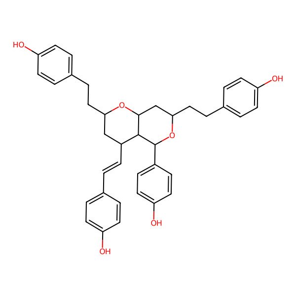 2D Structure of 4-[2-[(2S,4R,4aR,5R,7S,8aS)-5-(4-hydroxyphenyl)-4-[(E)-2-(4-hydroxyphenyl)ethenyl]-7-[2-(4-hydroxyphenyl)ethyl]-2,3,4,4a,5,7,8,8a-octahydropyrano[3,2-c]pyran-2-yl]ethyl]phenol