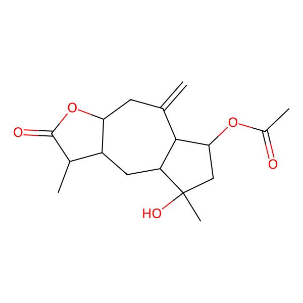 2D Structure of (8-hydroxy-1,8-dimethyl-5-methylidene-2-oxo-3a,4,5a,6,7,8a,9,9a-octahydro-1H-azuleno[6,5-b]furan-6-yl) acetate
