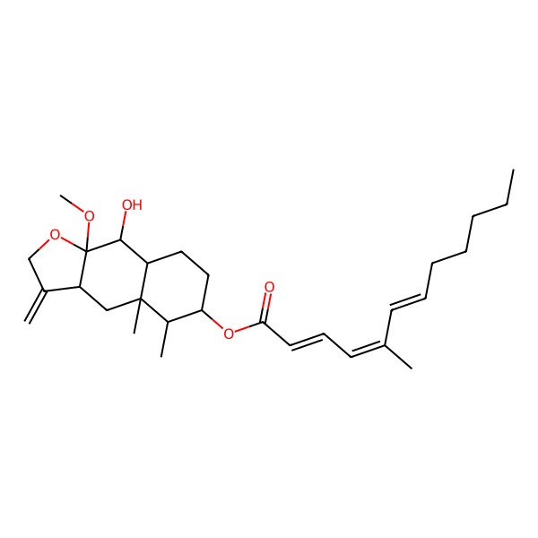 2D Structure of (9-Hydroxy-9a-methoxy-4a,5-dimethyl-3-methylidene-3a,4,5,6,7,8,8a,9-octahydrobenzo[f][1]benzofuran-6-yl) 5-methyldodeca-2,4,6-trienoate