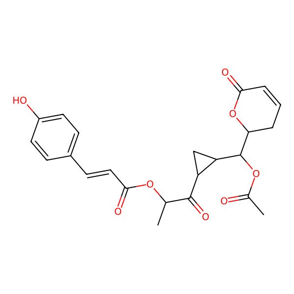 2D Structure of [1-[2-[Acetyloxy-(6-oxo-2,3-dihydropyran-2-yl)methyl]cyclopropyl]-1-oxopropan-2-yl] 3-(4-hydroxyphenyl)prop-2-enoate