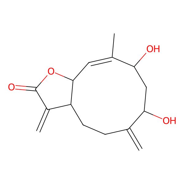 2D Structure of (3aS,7R,9S,10E,11aR)-7,9-dihydroxy-10-methyl-3,6-dimethylene-4,5,7,8,9,11a-hexahydro-3aH-cyclodeca[b]furan-2-one