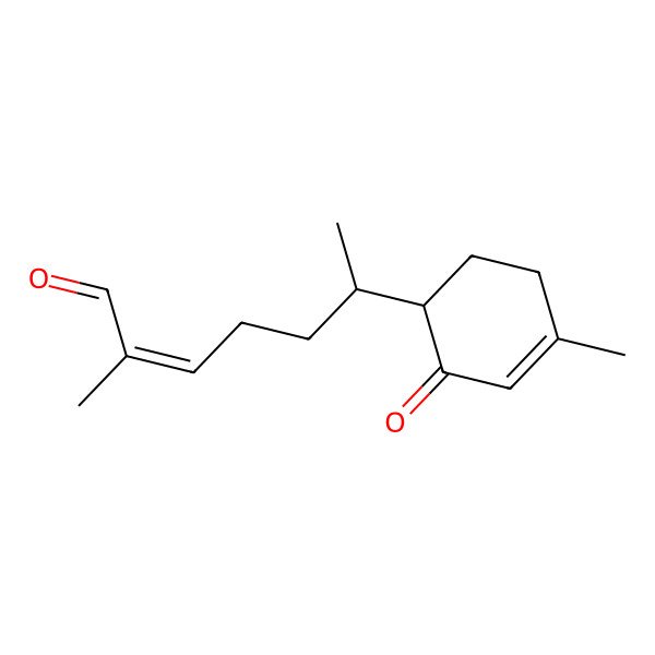 2D Structure of (E,6R)-2-methyl-6-[(1S)-4-methyl-2-oxocyclohex-3-en-1-yl]hept-2-enal