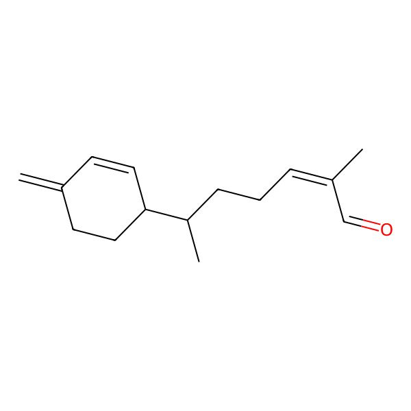 2D Structure of (E,6S)-2-methyl-6-[(1R)-4-methylidenecyclohex-2-en-1-yl]hept-2-enal