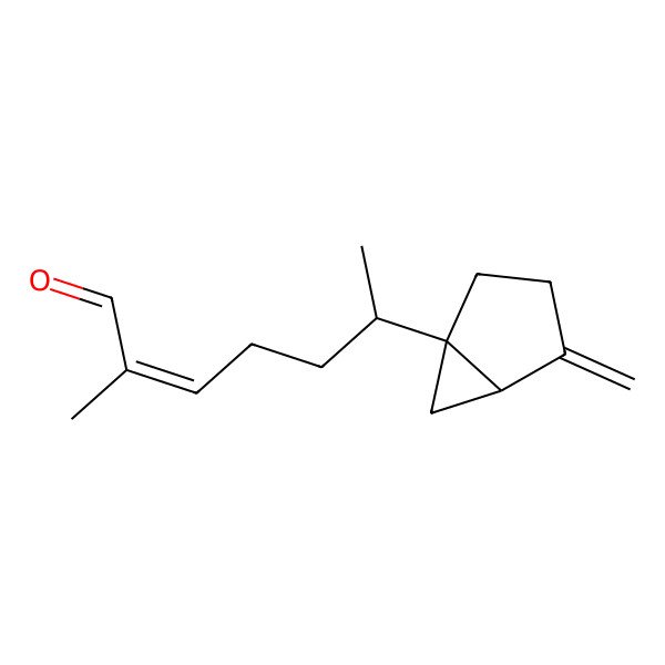 2D Structure of (E,6S)-2-methyl-6-[(1R,5R)-4-methylidene-1-bicyclo[3.1.0]hexanyl]hept-2-enal