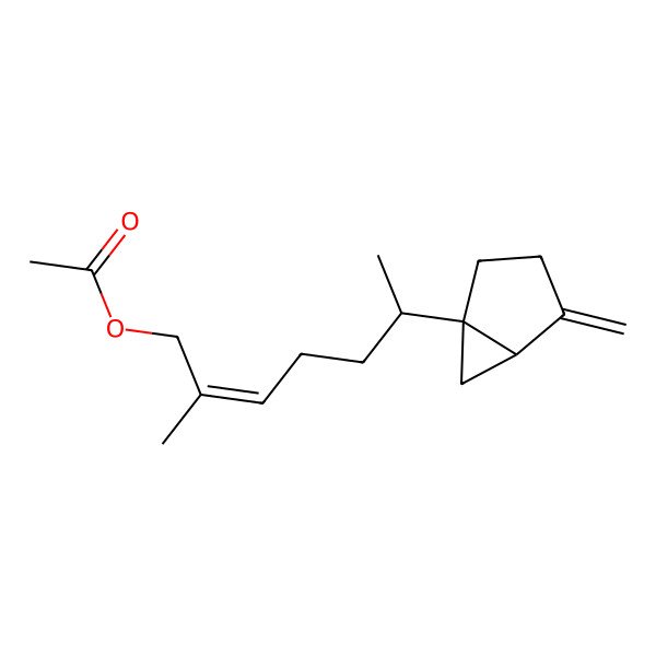2D Structure of [(E,6S)-2-methyl-6-[(1R,5R)-4-methylidene-1-bicyclo[3.1.0]hexanyl]hept-2-enyl] acetate