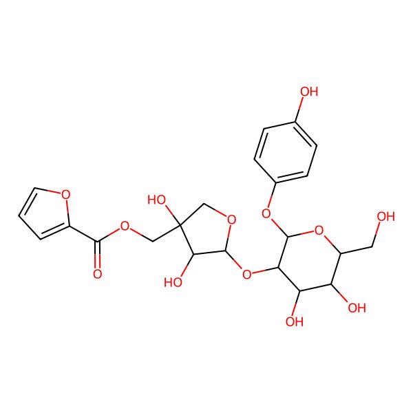 2D Structure of [(3R,4S,5R)-5-[(2R,3S,4R,5R,6S)-4,5-dihydroxy-6-(hydroxymethyl)-2-(4-hydroxyphenoxy)oxan-3-yl]oxy-3,4-dihydroxyoxolan-3-yl]methyl furan-2-carboxylate
