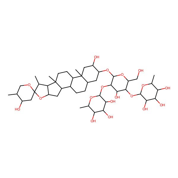 2D Structure of (2S,3R,4R,5R,6S)-2-[(2R,3S,4S,5R,6R)-6-[(1R,2S,4S,4'S,5'S,6R,7S,8R,9S,12S,13S,15S,16R,18R)-4',15-dihydroxy-5',7,9,13-tetramethylspiro[5-oxapentacyclo[10.8.0.02,9.04,8.013,18]icosane-6,2'-oxane]-16-yl]oxy-4-hydroxy-2-(hydroxymethyl)-5-[(2S,3R,4R,5R,6S)-3,4,5-trihydroxy-6-methyloxan-2-yl]oxyoxan-3-yl]oxy-6-methyloxane-3,4,5-triol