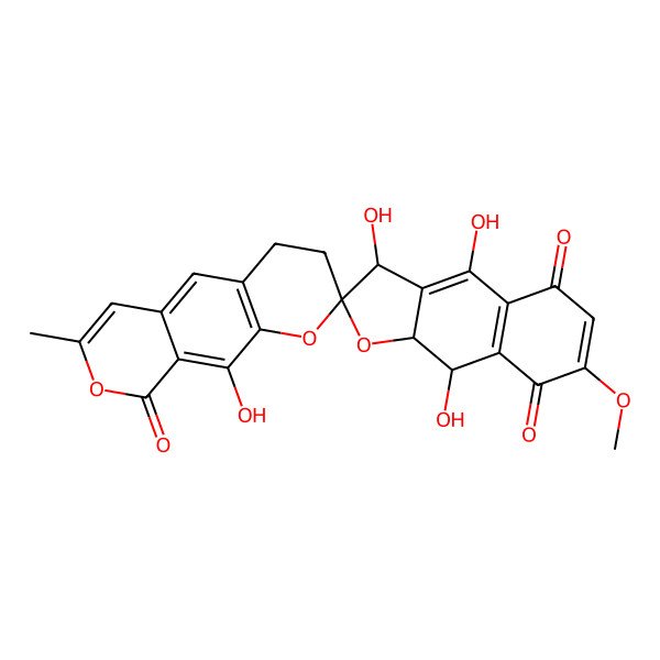 2D Structure of 3',4',9',10-tetrahydroxy-7'-methoxy-7-methylspiro[3,4-dihydropyrano[4,3-g]chromene-2,2'-9,9a-dihydro-3H-benzo[f][1]benzofuran]-5',8',9-trione