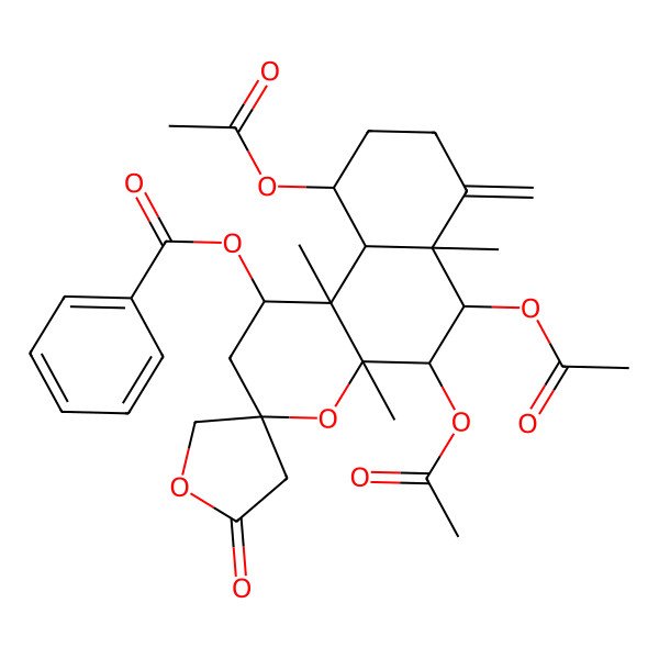 2D Structure of [(1S,3R,4aR,5S,6R,6aR,10R,10aS,10bS)-5,6,10-triacetyloxy-4a,6a,10b-trimethyl-7-methylidene-2'-oxospiro[1,2,5,6,8,9,10,10a-octahydrobenzo[f]chromene-3,4'-oxolane]-1-yl] benzoate