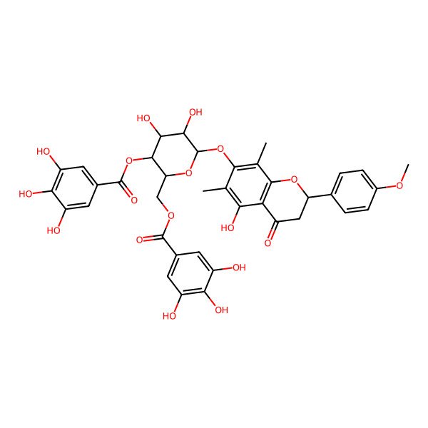 2D Structure of [(2R,3S,4R,5R,6S)-4,5-dihydroxy-6-[[(2S)-5-hydroxy-2-(4-methoxyphenyl)-6,8-dimethyl-4-oxo-2,3-dihydrochromen-7-yl]oxy]-3-(3,4,5-trihydroxybenzoyl)oxyoxan-2-yl]methyl 3,4,5-trihydroxybenzoate