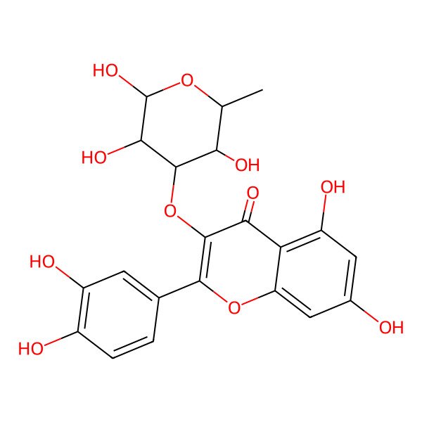 2D Structure of 2-(3,4-dihydroxyphenyl)-5,7-dihydroxy-3-[(2S,3S,4R,5S,6R)-2,3,5-trihydroxy-6-methyloxan-4-yl]oxychromen-4-one