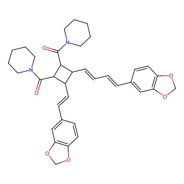 2D Structure of [(1S,2R,3R,4S)-2-[(1E,3E)-4-(1,3-benzodioxol-5-yl)buta-1,3-dienyl]-3-[(E)-2-(1,3-benzodioxol-5-yl)ethenyl]-4-(piperidine-1-carbonyl)cyclobutyl]-piperidin-1-ylmethanone