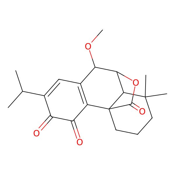 2D Structure of 8-Methoxy-11,11-dimethyl-5-propan-2-yl-16-oxatetracyclo[7.5.2.01,10.02,7]hexadeca-2(7),5-diene-3,4,15-trione