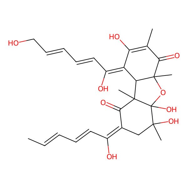 2D Structure of 9-(1,6-Dihydroxyhexa-2,4-dienylidene)-4,4a,8-trihydroxy-2-(1-hydroxyhexa-2,4-dienylidene)-4,5a,7,9b-tetramethyl-3,9a-dihydrodibenzofuran-1,6-dione