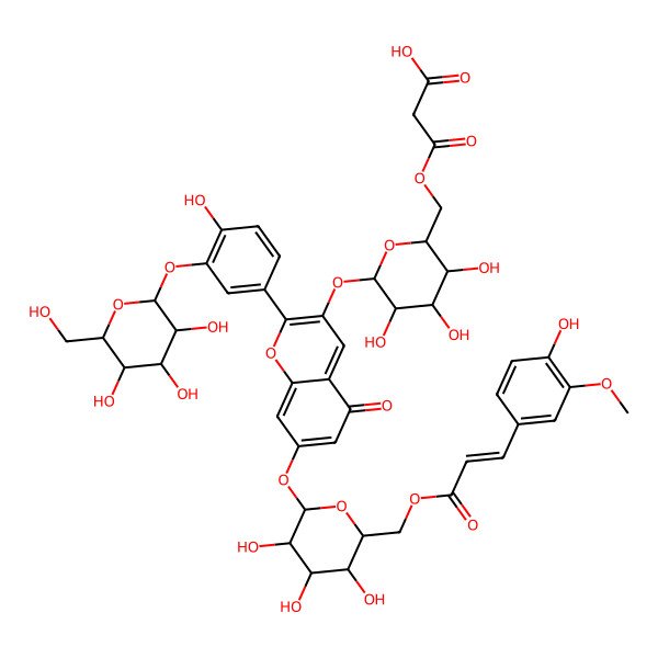 2D Structure of 3-oxo-3-[[(2R,3R,4S,5R,6S)-3,4,5-trihydroxy-6-[2-[4-hydroxy-3-[(2S,3S,4S,5R,6S)-3,4,5-trihydroxy-6-(hydroxymethyl)oxan-2-yl]oxyphenyl]-5-oxo-7-[(2S,3S,4S,5R,6S)-3,4,5-trihydroxy-6-[3-(4-hydroxy-3-methoxyphenyl)prop-2-enoyloxymethyl]oxan-2-yl]oxychromen-3-yl]oxyoxan-2-yl]methoxy]propanoic acid