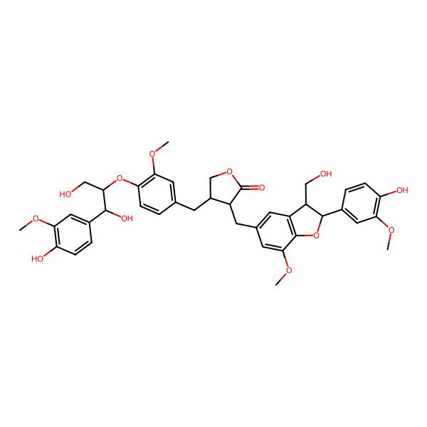 2D Structure of (3R,4R)-4-[[4-[(1R,2S)-1,3-dihydroxy-1-(4-hydroxy-3-methoxyphenyl)propan-2-yl]oxy-3-methoxyphenyl]methyl]-3-[[(2S,3R)-2-(4-hydroxy-3-methoxyphenyl)-3-(hydroxymethyl)-7-methoxy-2,3-dihydro-1-benzofuran-5-yl]methyl]oxolan-2-one