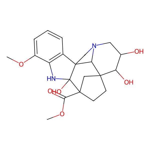 2D Structure of Methyl 9,14,15-trihydroxy-6-methoxy-8,17-diazahexacyclo[11.6.1.110,13.01,9.02,7.017,20]henicosa-2(7),3,5-triene-10-carboxylate