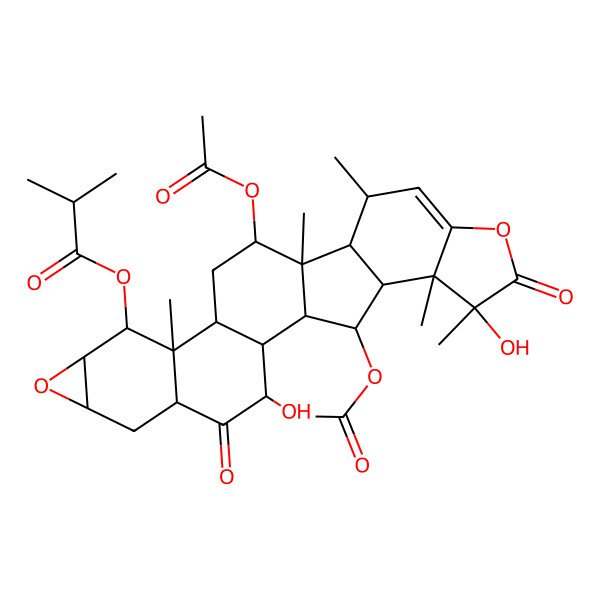 2D Structure of [(1S,2R,3R,7S,9S,10R,11R,12S,14S,15R,16S,17S,22S,23S,24S,25R)-14,25-diacetyloxy-3,22-dihydroxy-11,15,17,22,23-pentamethyl-4,21-dioxo-8,20-dioxaheptacyclo[13.10.0.02,12.05,11.07,9.016,24.019,23]pentacos-18-en-10-yl] 2-methylpropanoate