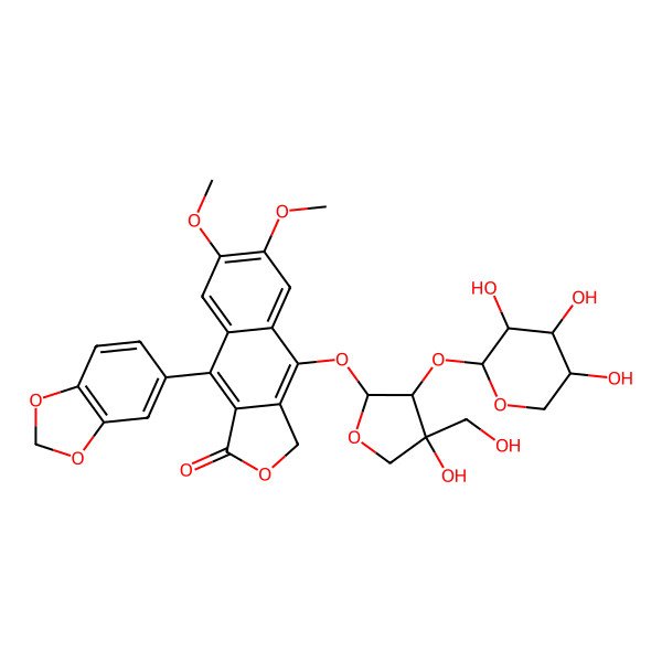 2D Structure of 9-(1,3-benzodioxol-5-yl)-4-[4-hydroxy-4-(hydroxymethyl)-3-(3,4,5-trihydroxyoxan-2-yl)oxyoxolan-2-yl]oxy-6,7-dimethoxy-3H-benzo[f][2]benzofuran-1-one