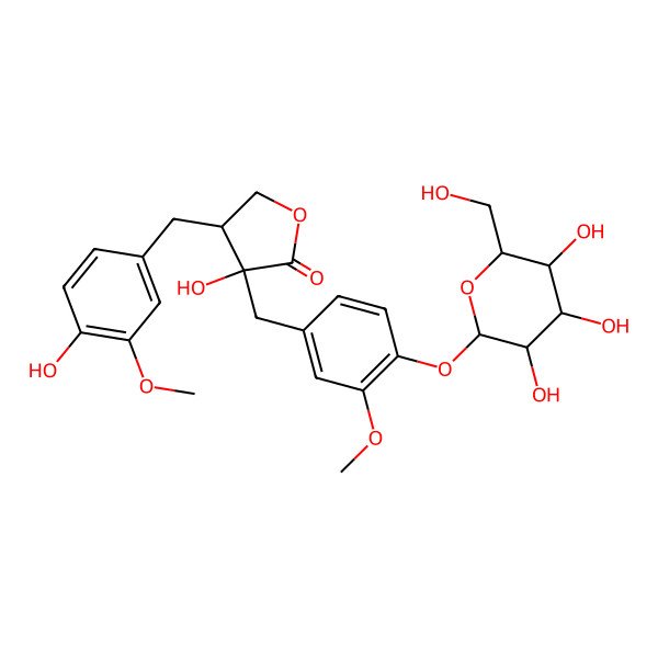 2D Structure of (3S,4S)-3-hydroxy-4-[(4-hydroxy-3-methoxyphenyl)methyl]-3-[[3-methoxy-4-[(2S,3S,4S,5S,6S)-3,4,5-trihydroxy-6-(hydroxymethyl)oxan-2-yl]oxyphenyl]methyl]oxolan-2-one