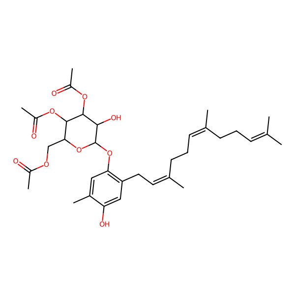 2D Structure of [(2R,3S,4R,5R,6S)-3,4-diacetyloxy-5-hydroxy-6-[4-hydroxy-5-methyl-2-[(2E,6E)-3,7,11-trimethyldodeca-2,6,10-trienyl]phenoxy]oxan-2-yl]methyl acetate
