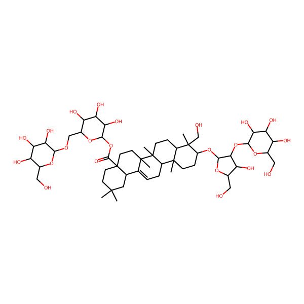 2D Structure of [3,4,5-Trihydroxy-6-[[3,4,5-trihydroxy-6-(hydroxymethyl)oxan-2-yl]oxymethyl]oxan-2-yl] 10-[4-hydroxy-5-(hydroxymethyl)-3-[3,4,5-trihydroxy-6-(hydroxymethyl)oxan-2-yl]oxyoxolan-2-yl]oxy-9-(hydroxymethyl)-2,2,6a,6b,9,12a-hexamethyl-1,3,4,5,6,6a,7,8,8a,10,11,12,13,14b-tetradecahydropicene-4a-carboxylate