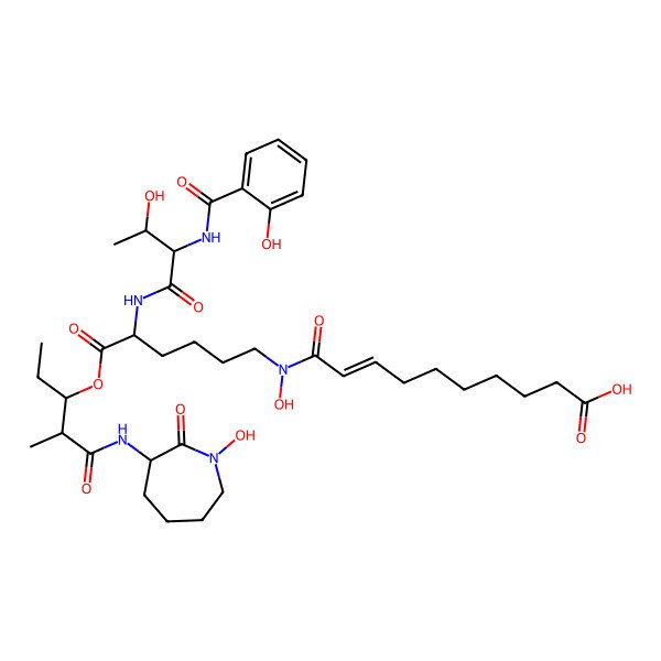 2D Structure of (Z)-10-[hydroxy-[(5S)-5-[[(2R,3S)-3-hydroxy-2-[(2-hydroxybenzoyl)amino]butanoyl]amino]-6-[(2R,3S)-1-[[(3R)-1-hydroxy-2-oxoazepan-3-yl]amino]-2-methyl-1-oxopentan-3-yl]oxy-6-oxohexyl]amino]-10-oxodec-8-enoic acid