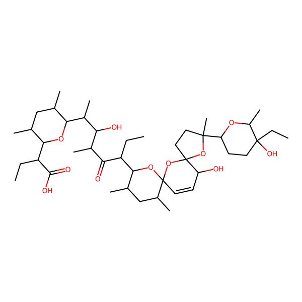 2D Structure of (2R)-2-[(2R,3S,5S,6R)-6-[(2S,3S,4S,6S)-6-[(3S,5S,7R,9S,10S,12R,15R)-3-[(2R,5R,6S)-5-ethyl-5-hydroxy-6-methyloxan-2-yl]-15-hydroxy-3,10,12-trimethyl-4,6,8-trioxadispiro[4.1.57.35]pentadec-13-en-9-yl]-3-hydroxy-4-methyl-5-oxooctan-2-yl]-3,5-dimethyloxan-2-yl]butanoic acid