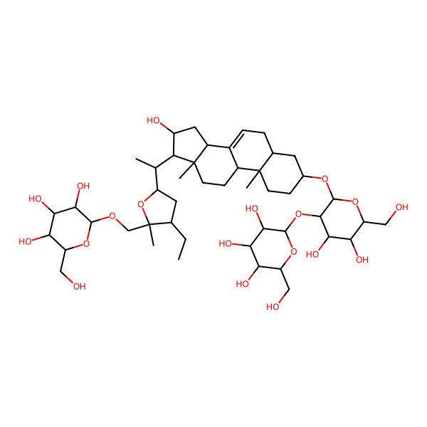 2D Structure of (2R,3R,4S,5S,6R)-2-[[(2S,3S,5R)-5-[(1S)-1-[(3R,5R,9R,10S,13S,14R,16S,17R)-3-[(2R,3R,4S,5S,6R)-4,5-dihydroxy-6-(hydroxymethyl)-3-[(2S,3R,4S,5S,6R)-3,4,5-trihydroxy-6-(hydroxymethyl)oxan-2-yl]oxyoxan-2-yl]oxy-16-hydroxy-10,13-dimethyl-2,3,4,5,6,9,11,12,14,15,16,17-dodecahydro-1H-cyclopenta[a]phenanthren-17-yl]ethyl]-3-ethyl-2-methyloxolan-2-yl]methoxy]-6-(hydroxymethyl)oxane-3,4,5-triol