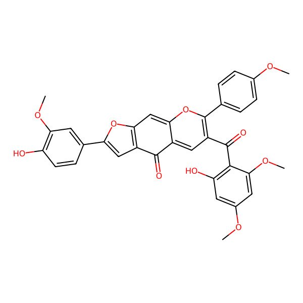 2D Structure of 6-(2-Hydroxy-4,6-dimethoxybenzoyl)-2-(4-hydroxy-3-methoxyphenyl)-7-(4-methoxyphenyl)furo[3,2-g]chromen-4-one