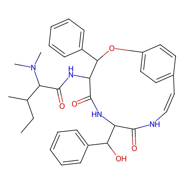 2D Structure of (2S,3S)-2-(dimethylamino)-N-[(3R,4R,7R,10Z)-7-[(R)-hydroxy(phenyl)methyl]-5,8-dioxo-3-phenyl-2-oxa-6,9-diazabicyclo[10.2.2]hexadeca-1(14),10,12,15-tetraen-4-yl]-3-methylpentanamide