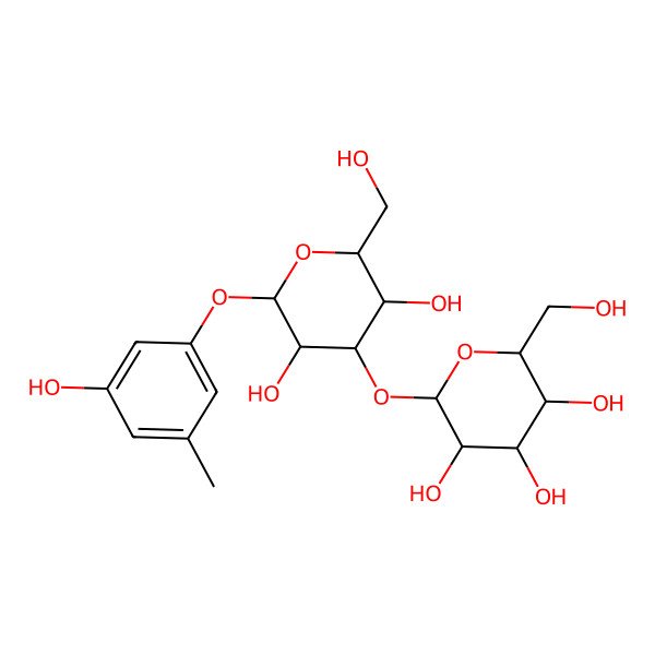 2D Structure of (2S,3R,4S,5S,6R)-2-[(2R,3R,4S,5R,6S)-3,5-dihydroxy-2-(hydroxymethyl)-6-(3-hydroxy-5-methylphenoxy)oxan-4-yl]oxy-6-(hydroxymethyl)oxane-3,4,5-triol