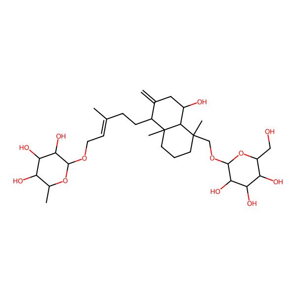2D Structure of 2-[5-[4-hydroxy-5,8a-dimethyl-2-methylidene-5-[[3,4,5-trihydroxy-6-(hydroxymethyl)oxan-2-yl]oxymethyl]-3,4,4a,6,7,8-hexahydro-1H-naphthalen-1-yl]-3-methylpent-2-enoxy]-6-methyloxane-3,4,5-triol