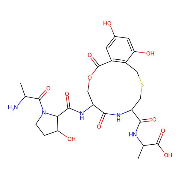2D Structure of (2S)-2-[[(5S,8S)-8-[[(2S,3R)-1-[(2S)-2-aminopropanoyl]-3-hydroxypyrrolidine-2-carbonyl]amino]-14,16-dihydroxy-7,11-dioxo-10-oxa-3-thia-6-azabicyclo[10.4.0]hexadeca-1(12),13,15-triene-5-carbonyl]amino]propanoic acid