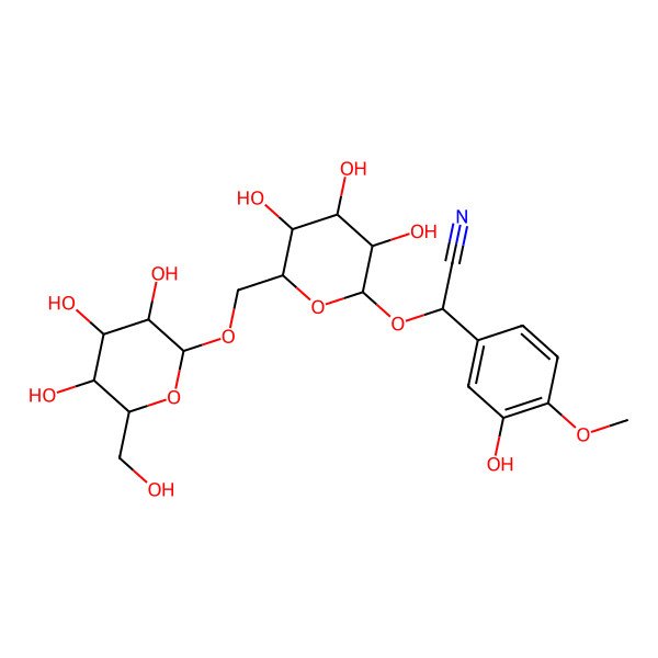 2D Structure of (2R)-2-(3-hydroxy-4-methoxyphenyl)-2-[(2R,3R,4S,5S,6R)-3,4,5-trihydroxy-6-[[(2R,3R,4S,5S,6R)-3,4,5-trihydroxy-6-(hydroxymethyl)oxan-2-yl]oxymethyl]oxan-2-yl]oxyacetonitrile