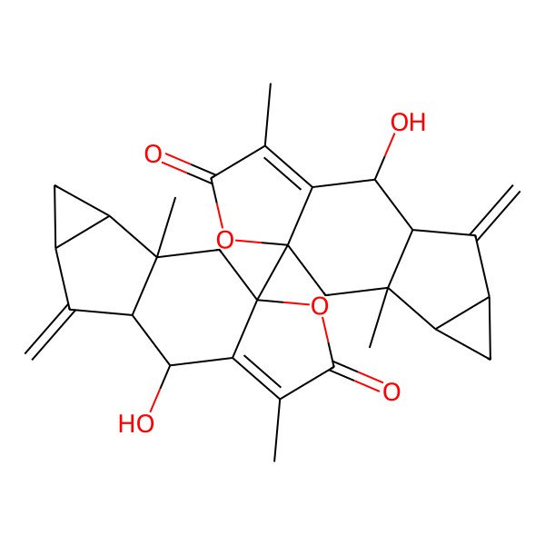 2D Structure of (1S,2R,7R,9S,10R,12S)-2-hydroxy-7-[(1S,2R,7R,9S,10R,12S)-2-hydroxy-4,9-dimethyl-13-methylidene-5-oxo-6-oxatetracyclo[7.4.0.03,7.010,12]tridec-3-en-7-yl]-4,9-dimethyl-13-methylidene-6-oxatetracyclo[7.4.0.03,7.010,12]tridec-3-en-5-one