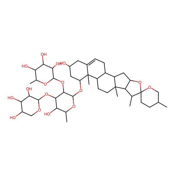 2D Structure of (2S,3R,4R,5R,6S)-2-[(2R,3R,4S,5S,6R)-5-hydroxy-2-[(1R,2S,4S,5'R,6R,7S,8R,9S,12R,13R,14R,16R)-16-hydroxy-5',7,9,13-tetramethylspiro[5-oxapentacyclo[10.8.0.02,9.04,8.013,18]icos-18-ene-6,2'-oxane]-14-yl]oxy-6-methyl-4-[(2S,3R,4S,5R)-3,4,5-trihydroxyoxan-2-yl]oxyoxan-3-yl]oxy-6-methyloxane-3,4,5-triol