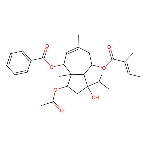 2D Structure of [3-Acetyloxy-1-hydroxy-3a,6-dimethyl-8-(2-methylbut-2-enoyloxy)-1-propan-2-yl-2,3,4,7,8,8a-hexahydroazulen-4-yl] benzoate