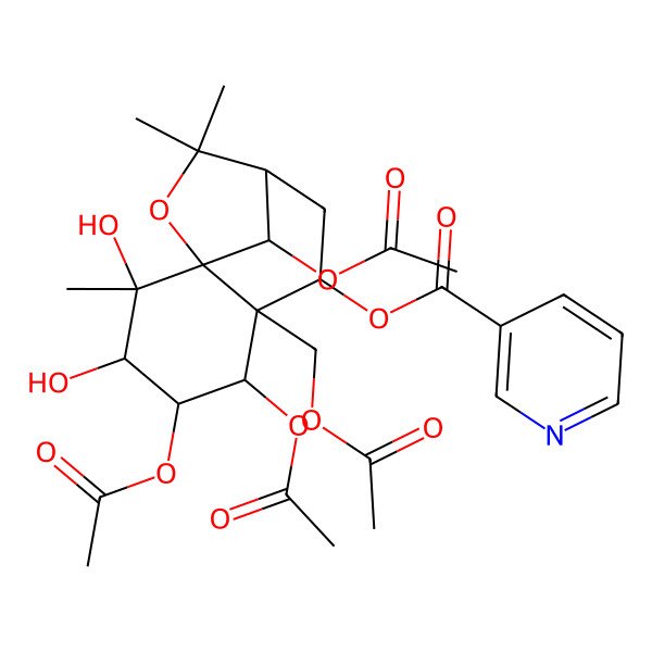 2D Structure of [(1S,2S,3S,4S,5R,6R,7S,9R,12R)-4,5,12-triacetyloxy-6-(acetyloxymethyl)-2,3-dihydroxy-2,10,10-trimethyl-11-oxatricyclo[7.2.1.01,6]dodecan-7-yl] pyridine-3-carboxylate