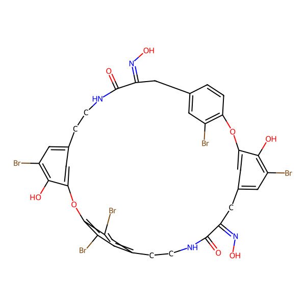 2D Structure of (12E,25Z)-5,16,21,32,33-pentabromo-4,20-dihydroxy-12,25-bis(hydroxyimino)-2,18-dioxa-10,27-diazapentacyclo[28.2.2.214,17.13,7.119,23]octatriaconta-1(32),3,5,7(38),14,16,19,21,23(35),30,33,36-dodecaene-11,26-dione