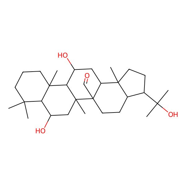2D Structure of 7,12-Dihydroxy-3-(2-hydroxypropan-2-yl)-5b,8,8,11a,13b-pentamethyl-1,2,3,3a,4,5,6,7,7a,9,10,11,11b,12,13,13a-hexadecahydrocyclopenta[a]chrysene-5a-carbaldehyde