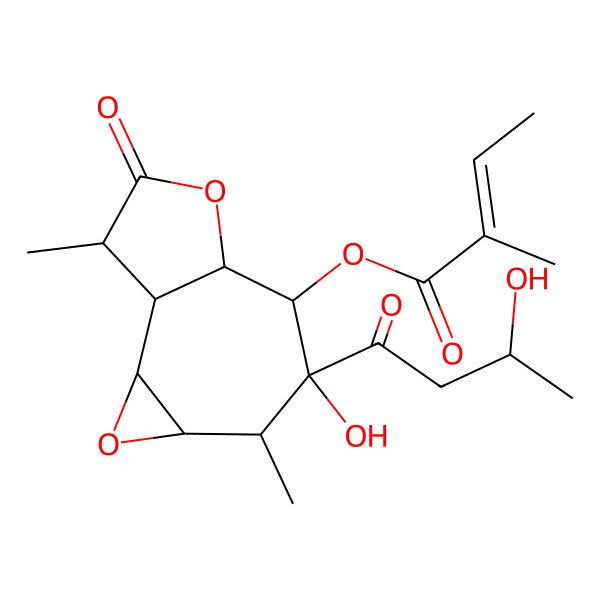 2D Structure of [6-Hydroxy-6-(3-hydroxybutanoyl)-5,11-dimethyl-10-oxo-3,9-dioxatricyclo[6.3.0.02,4]undecan-7-yl] 2-methylbut-2-enoate