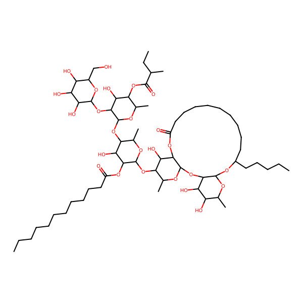 2D Structure of [(2S,3R,4R,5R,6S)-4-hydroxy-5-[(2S,3R,4R,5R,6S)-4-hydroxy-6-methyl-5-[(2R)-2-methylbutanoyl]oxy-3-[(2S,3R,4S,5S,6R)-3,4,5-trihydroxy-6-(hydroxymethyl)oxan-2-yl]oxyoxan-2-yl]oxy-6-methyl-2-[[(1R,3S,5S,6R,7R,8R,20S,22R,24R,25S,26S)-7,25,26-trihydroxy-5,24-dimethyl-10-oxo-20-pentyl-2,4,9,21,23-pentaoxatricyclo[20.4.0.03,8]hexacosan-6-yl]oxy]oxan-3-yl] dodecanoate