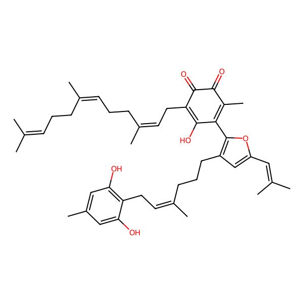 2D Structure of 4-[3-[6-(2,6-Dihydroxy-4-methylphenyl)-4-methylhex-4-enyl]-5-(2-methylprop-1-enyl)furan-2-yl]-5-hydroxy-3-methyl-6-(3,7,11-trimethyldodeca-2,6,10-trienyl)cyclohexa-3,5-diene-1,2-dione