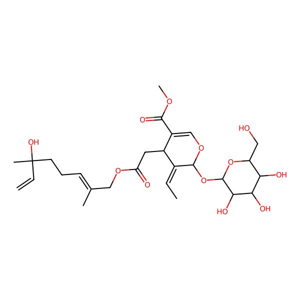 2D Structure of methyl (4S,5E,6S)-5-ethylidene-4-[2-[(2E)-6-hydroxy-2,6-dimethylocta-2,7-dienoxy]-2-oxoethyl]-6-[(2S,3R,4S,5S,6R)-3,4,5-trihydroxy-6-(hydroxymethyl)oxan-2-yl]oxy-4H-pyran-3-carboxylate