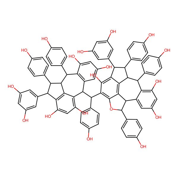 2D Structure of (2R,9S,10S,11R,12S)-12-(3,5-dihydroxyphenyl)-2-[(R)-[(1S,2R,3R,9S,10S,17S)-3-(3,5-dihydroxyphenyl)-5,13,15-trihydroxy-2,9,17-tris(4-hydroxyphenyl)-8-oxapentacyclo[8.7.2.04,18.07,19.011,16]nonadeca-4(18),5,7(19),11(16),12,14-hexaen-6-yl]-(4-hydroxyphenyl)methyl]-9,11-bis(4-hydroxyphenyl)tetracyclo[8.6.1.03,8.013,17]heptadeca-1(16),3(8),4,6,13(17),14-hexaene-5,7,14,16-tetrol